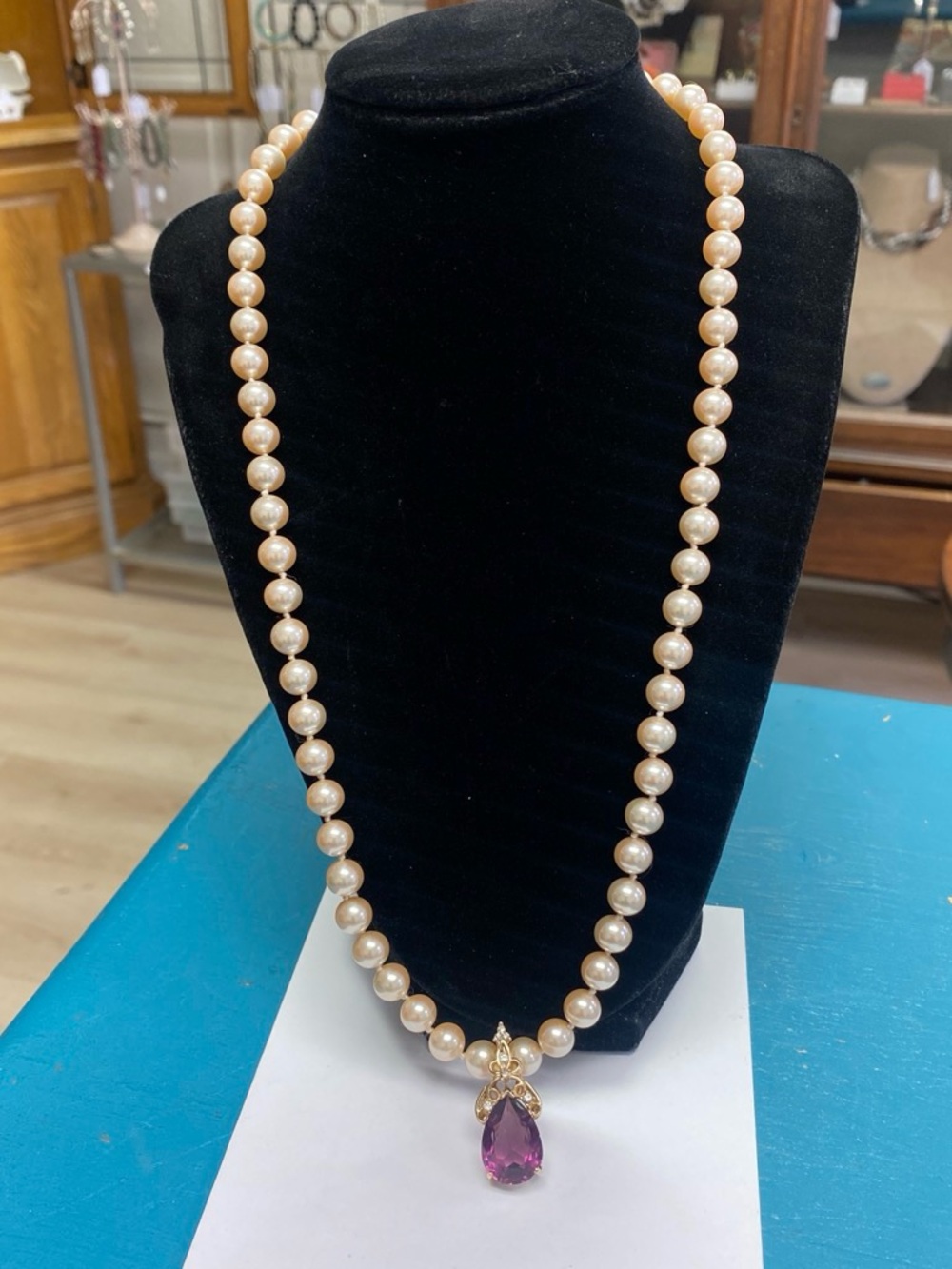 Vintage Marvella Pearl Necklace with Purple Teardrop Pendant